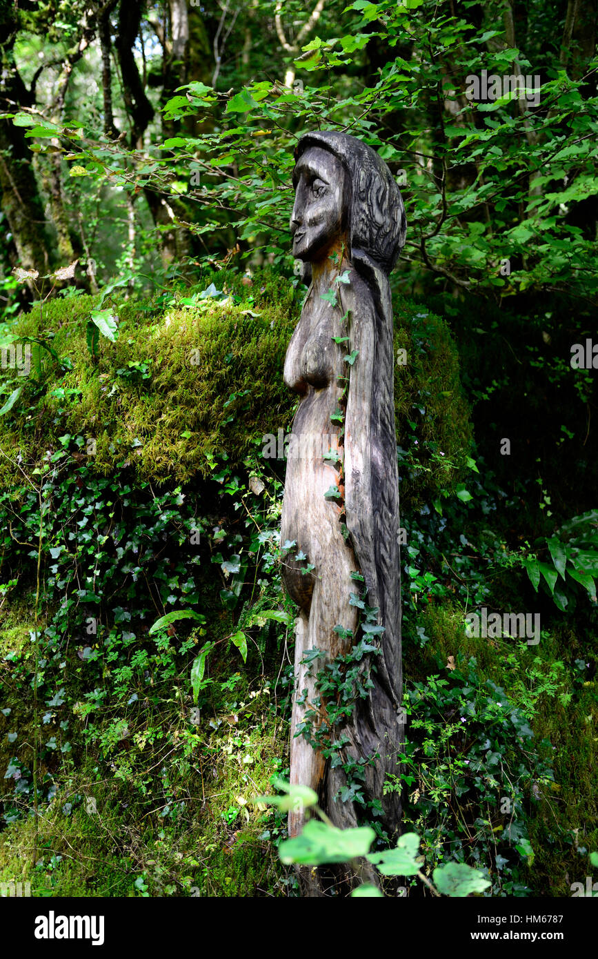 green goddess wood wooden sculpture statue forest installation art garden gardening gardens  symbol protect guard RM Floral Stock Photo