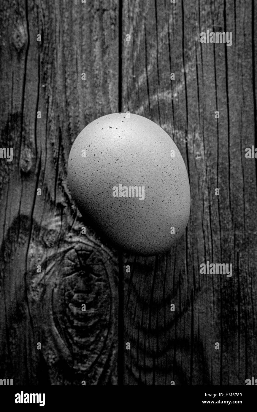 A single egg on a rustic wooden table Stock Photo