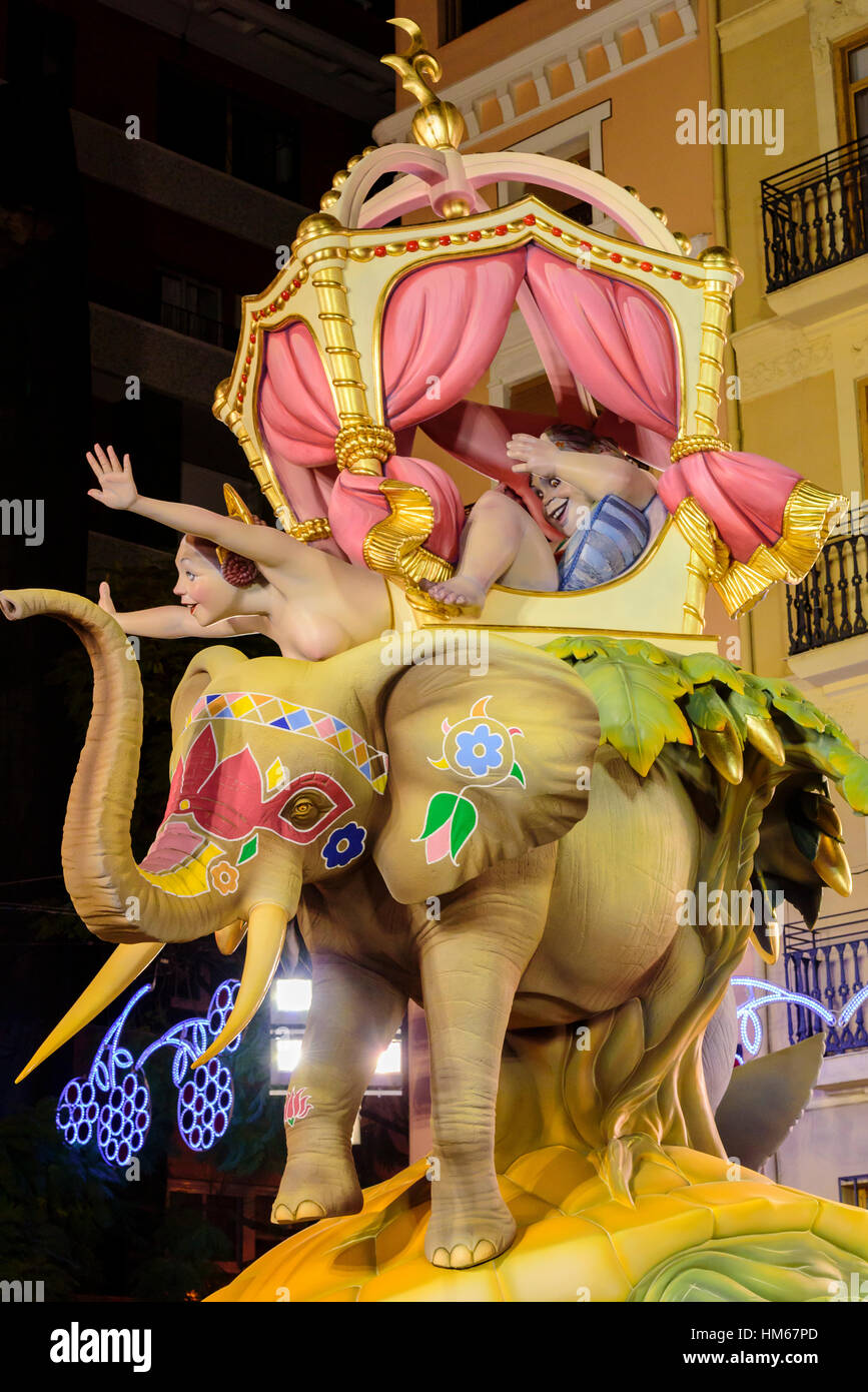 Sculpture representing the Kamasutra and the old belief our planet was held by elephants on a huge turtle. The Fallas of Valencia Festival Spain 2016 Stock Photo