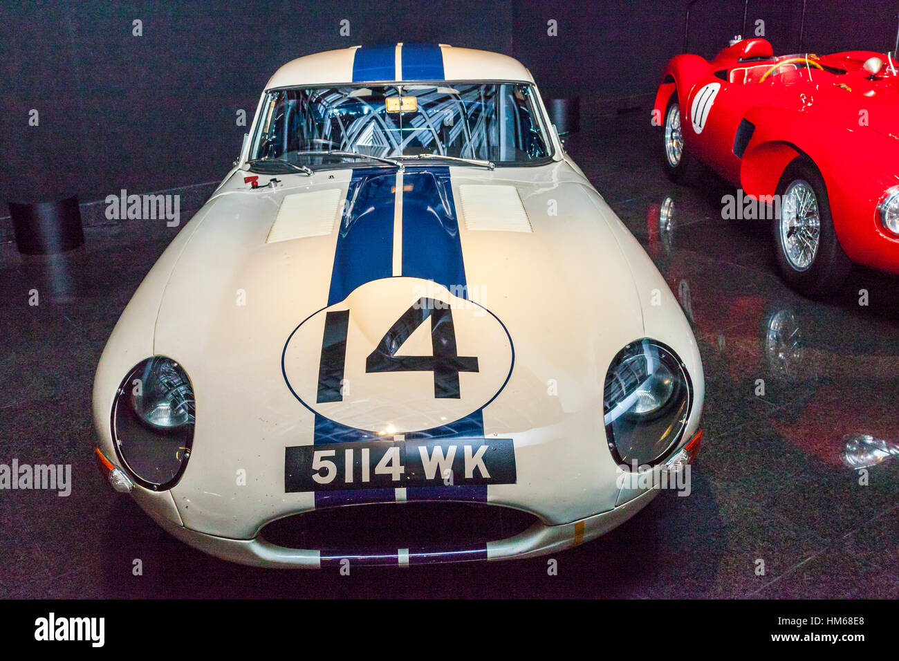 A 1961 Jaguar XK-E factory race car at the with an all alloy body.  Raced by Briggs Cunningham. Stock Photo