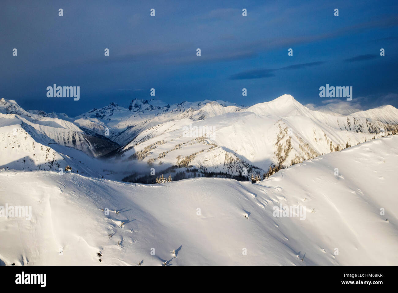 Aerial winter view of backcountry Sentry Lodge; Esplanade Range; sub-range of Selkirk Range; British Columbia; Canada Stock Photo