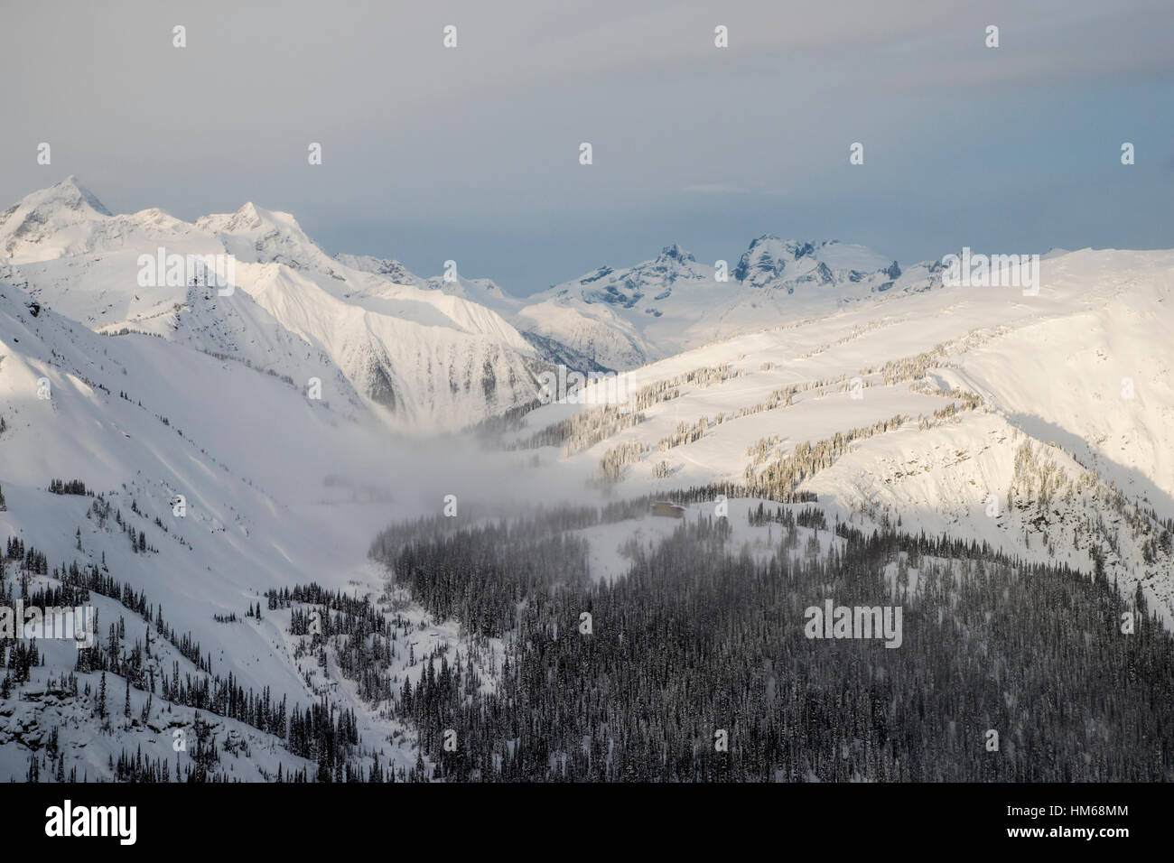 Aerial winter view of backcountry Sentry Lodge; Esplanade Range; sub-range of Selkirk Range; British Columbia; Canada Stock Photo