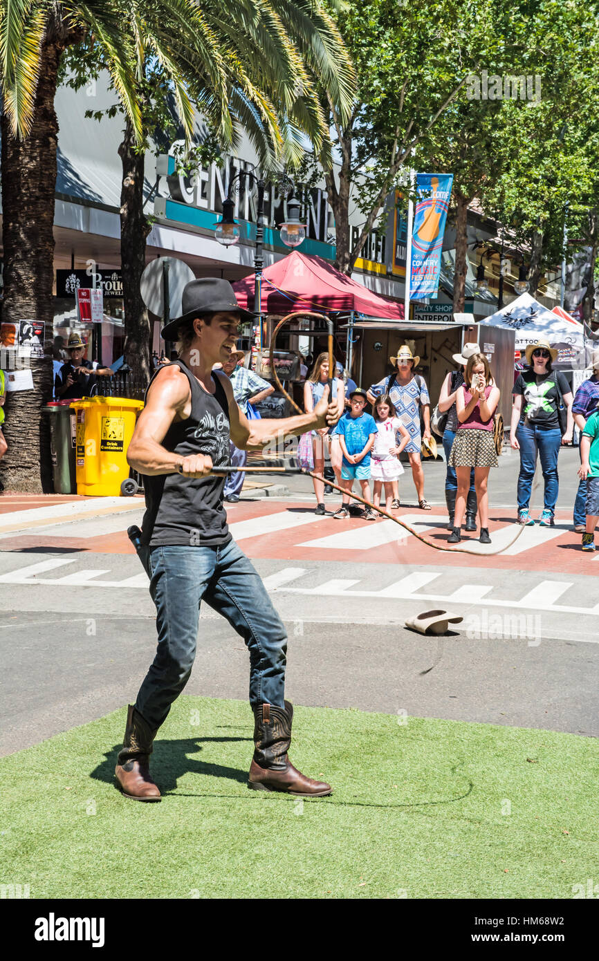 Whip Cracking World Record Holder Nathan Griggs Performing at Tamworth Music Festival 2017 Stock Photo