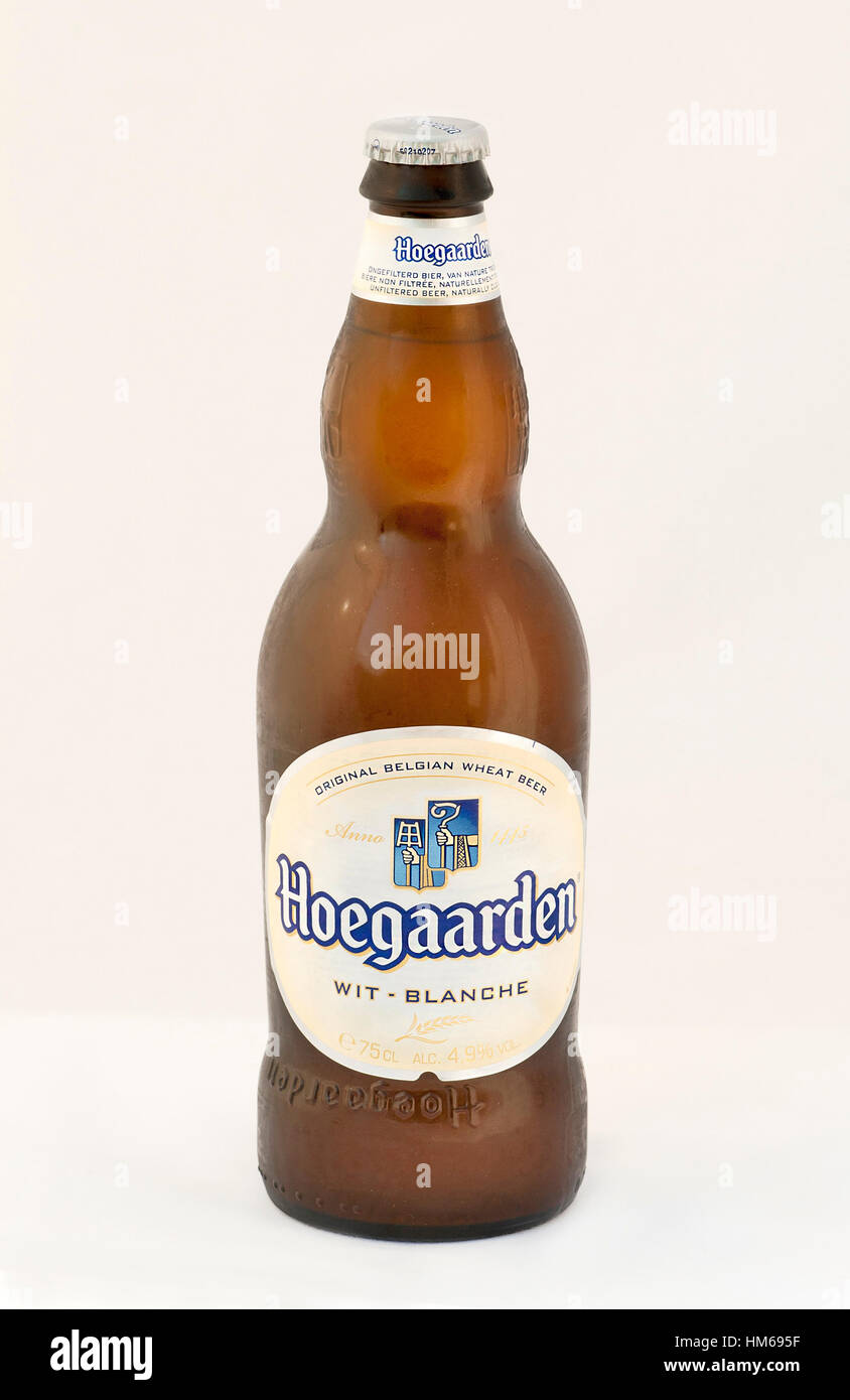 KIEV, UKRAINE JULY 14, 2012 Hoegaarden wheat Belgian beer cold