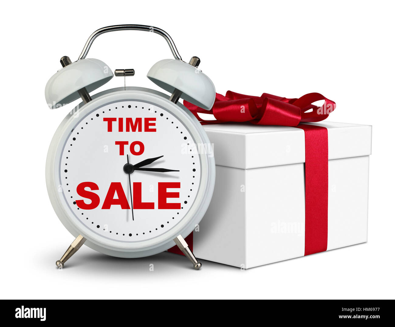 Clock with gift, time to sale concept on white Stock Photo