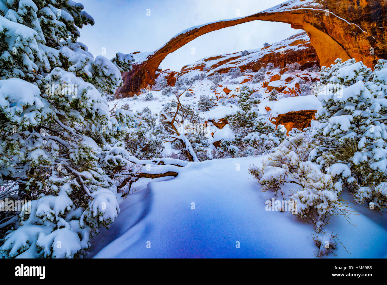 Heavy snow at Landscape Arch, Arches National Park, Utah  Devils Garden One of the World's longest natural spans Stock Photo