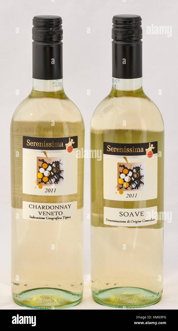 KIEV, UKRAINE - AUGUST 26, 2012: Bottles of Italian wine Serenissima Chardonnay Veneto and Soave against white background. The Veneto alone produces m Stock Photo