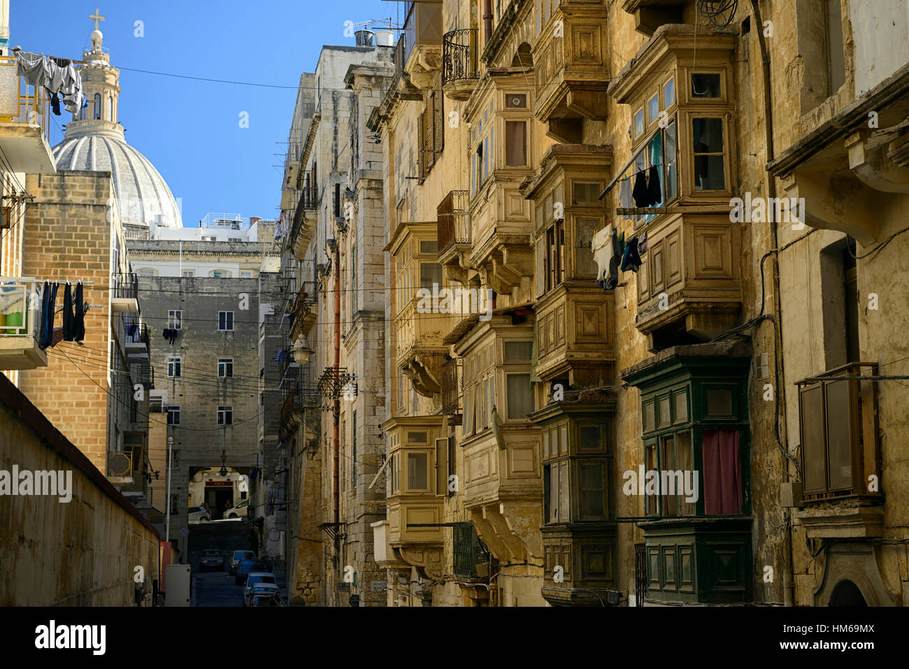 Hilly steep side streets Valletta Malta balcony balconies traditional