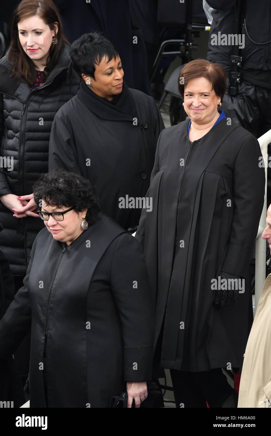 Supreme Court Justice Sonia Sotomayor, left, and Justice Elena Kagan arrive for the 68th President Inaugural Ceremony on Capitol Hill January 20, 2017 in Washington, DC. Stock Photo