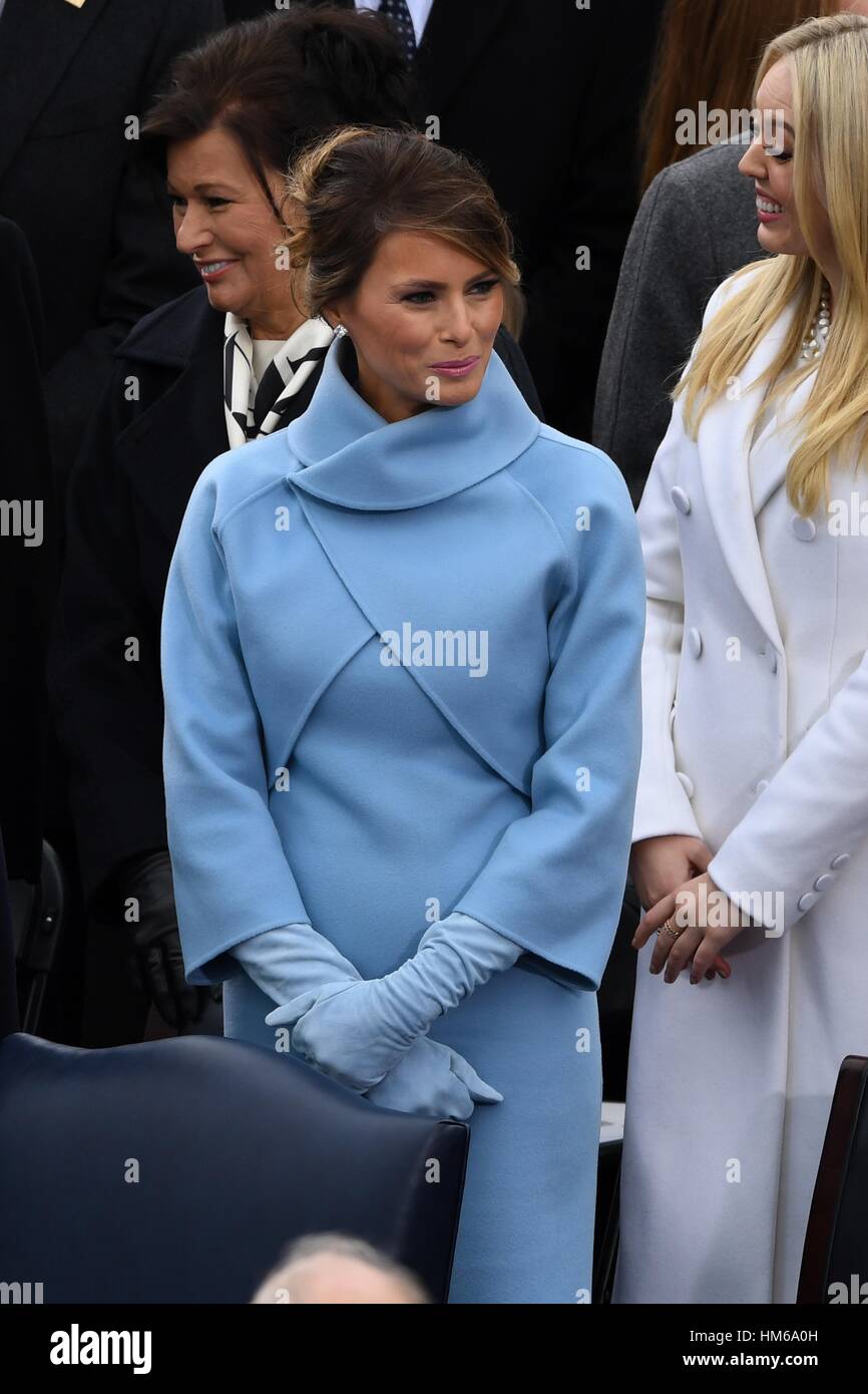 First Lady elect Melania Trump wearing a Ralph Lauren, powder-blue  double-face cashmere dress during the President Inaugural Ceremony on  Capitol Hill January 20, 2017 in Washington, DC. Donald Trump became the  45th