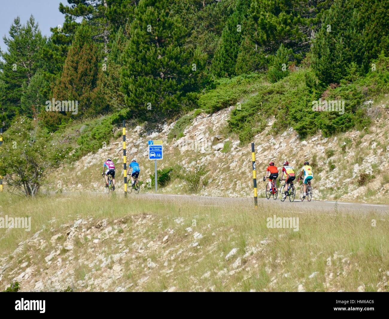 Cyclists Ascend Mont Ventoux, on the path of the Tour de France just days before this section was closed due to high winds. Provence, France Stock Photo