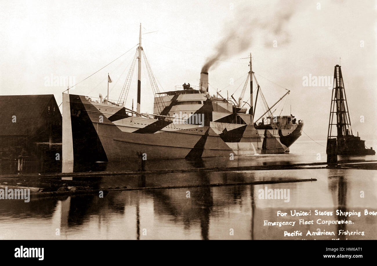 Wooden ship built for United States Shipping Board Emergency Fleet Corp., by Pacific American Fisheries, Bellingham, WA, 1918.  Grosart Studio.   (War Dept.) Exact Date Shot Unknown NARA FILE #:  165-EO-2C-1 WAR & CONFLICT BOOK #:  542 Stock Photo