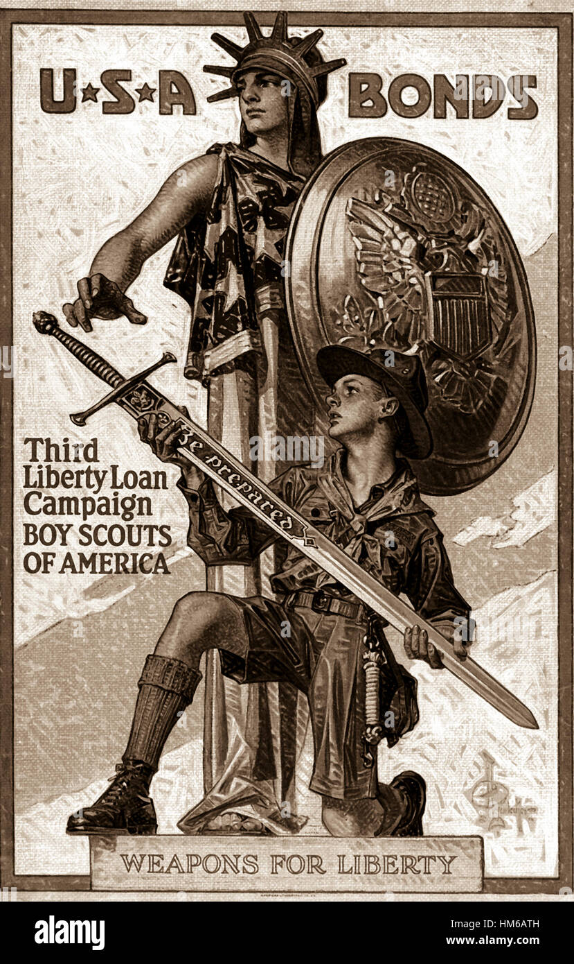U*S*A Bonds/Third Liberty Loan Campaign/Boy Scouts of America/Weapons for Liberty.  1918.  Color poster by Joseph Christian Leyendecker. Stock Photo