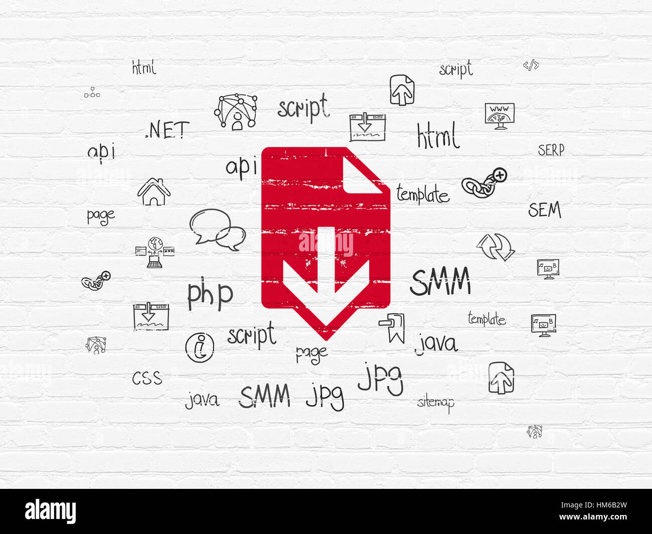 Web development concept: Painted red Download icon on White Brick wall ...