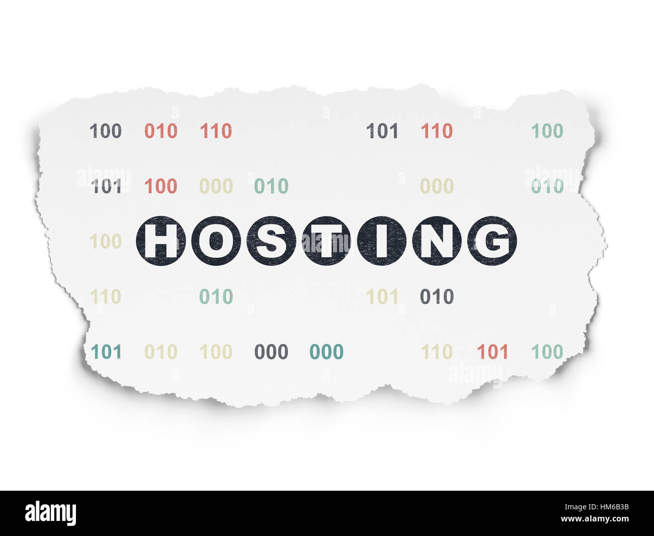 Web development concept: Painted black text Hosting on Torn Paper background with  Binary Code Stock Photo
