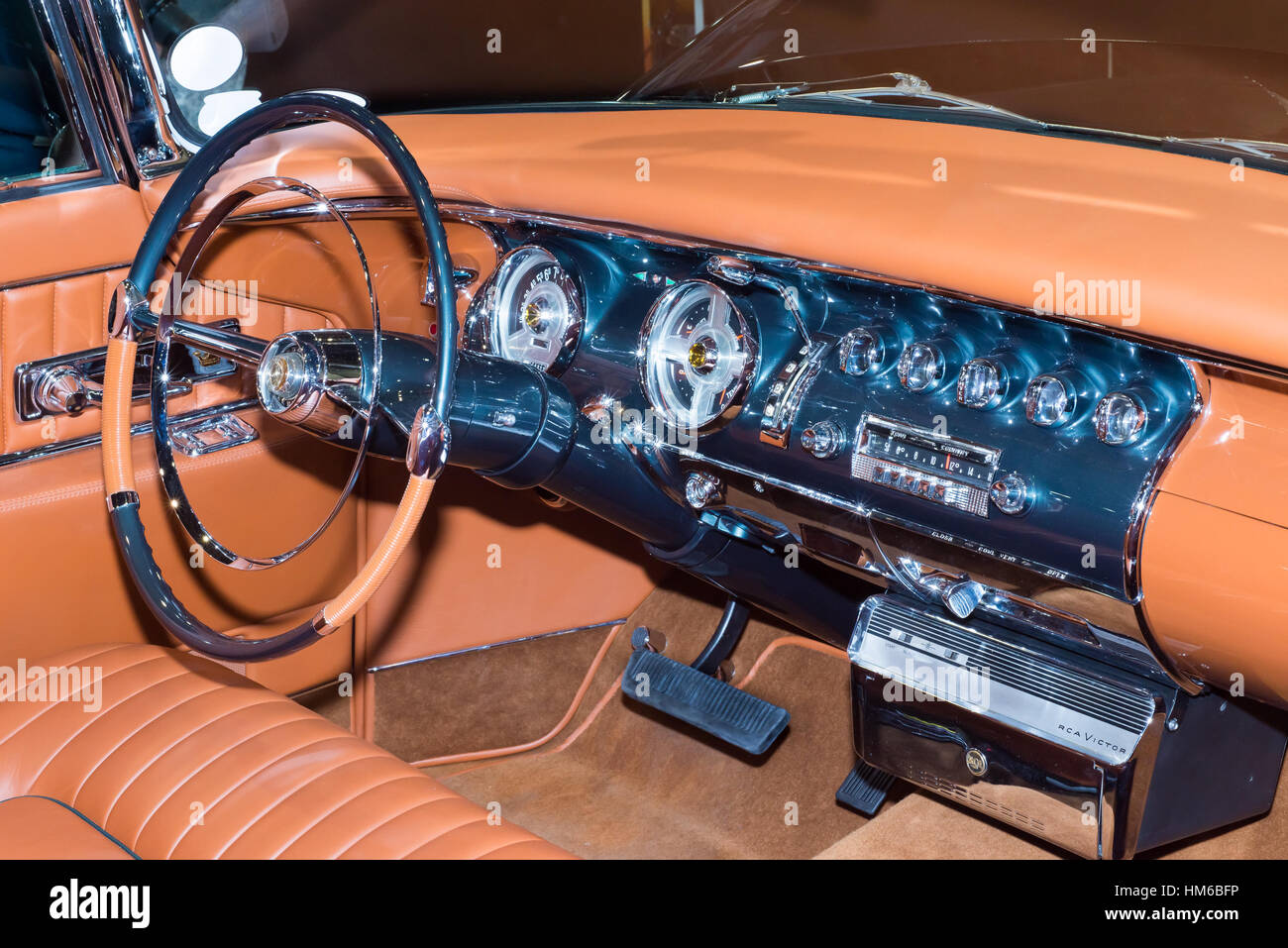 1955 Chrysler Imperial dashboard with automatic transmission shifter and RCA Victor record player at SEMA. Stock Photo