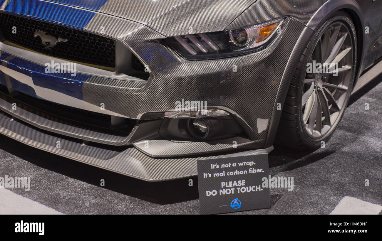 2016 Ford Mustang car with carbon fiber body panels at at SEMA. Stock Photo