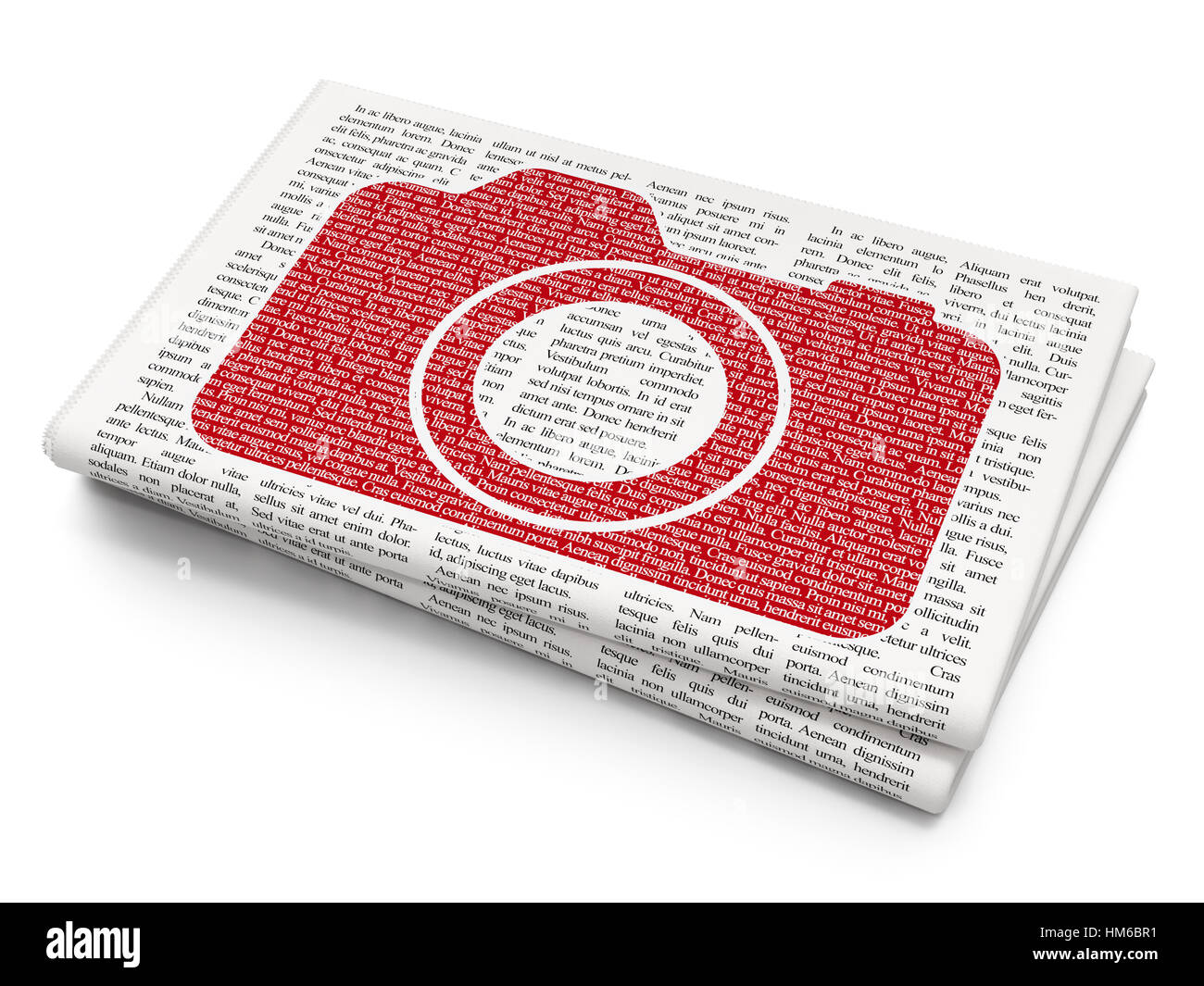 Travel concept: Pixelated red Photo Camera icon on Newspaper background, 3D rendering Stock Photo
