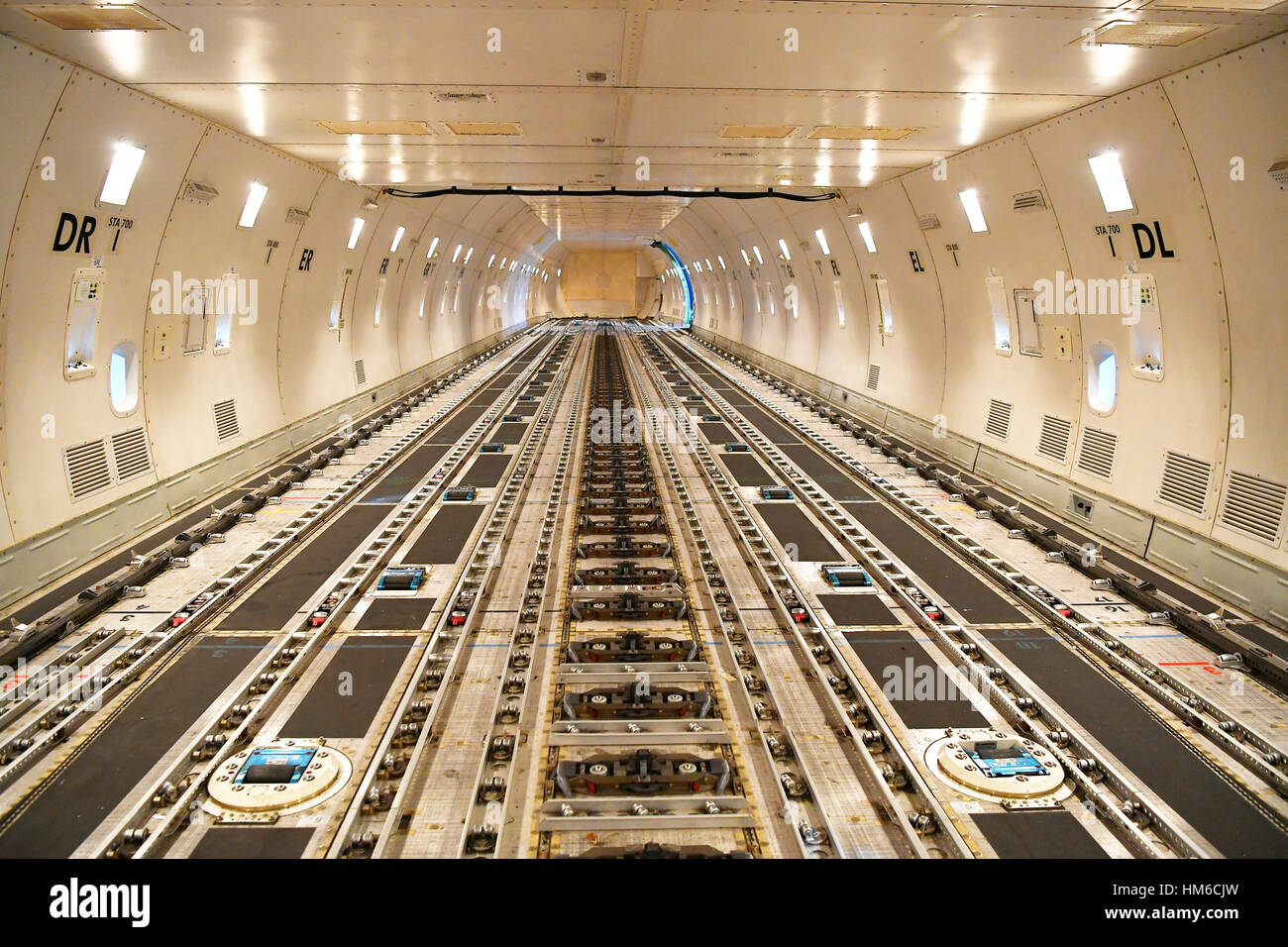 Empty cargo compartment, cargo plane, Boeing B 747 Stock Photo