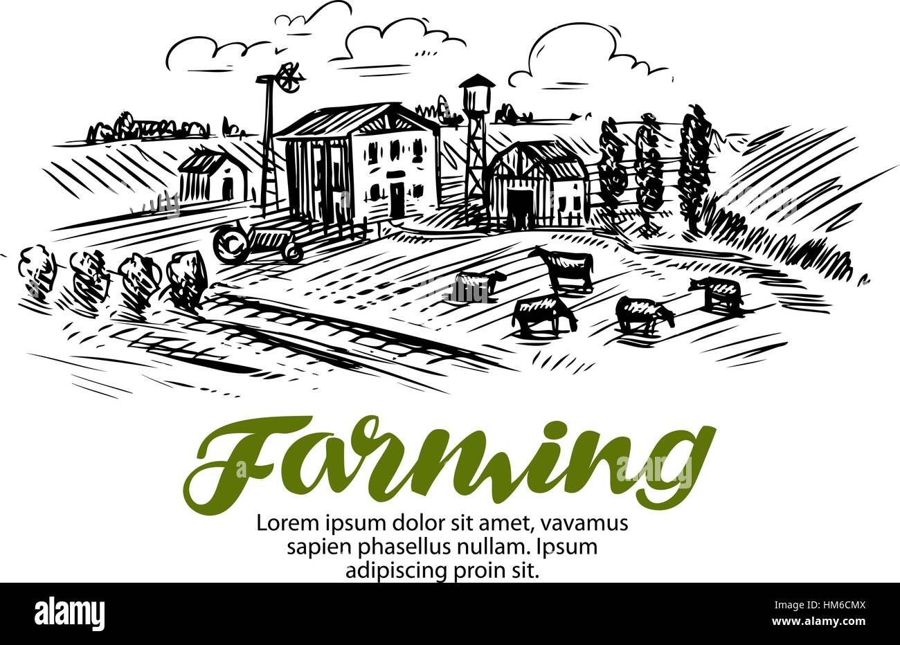 Farm sketch. Farming, agriculture or cattle breeding. Vector illustration Stock Vector