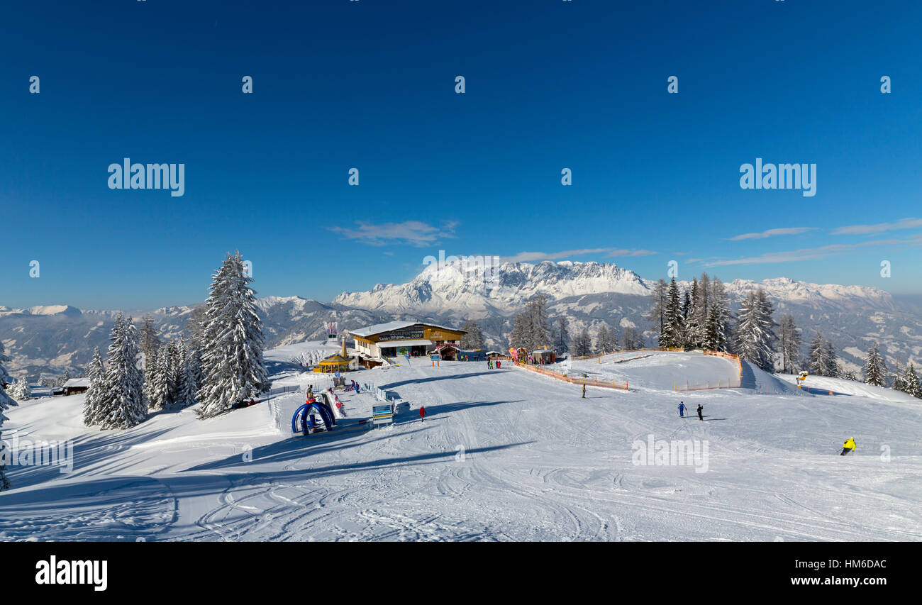 Slope with gondola station, ski region Alpendorf, Geisterberg, Ski Amadé, St. Johann im Pongau, Salzburg State, Austria Stock Photo