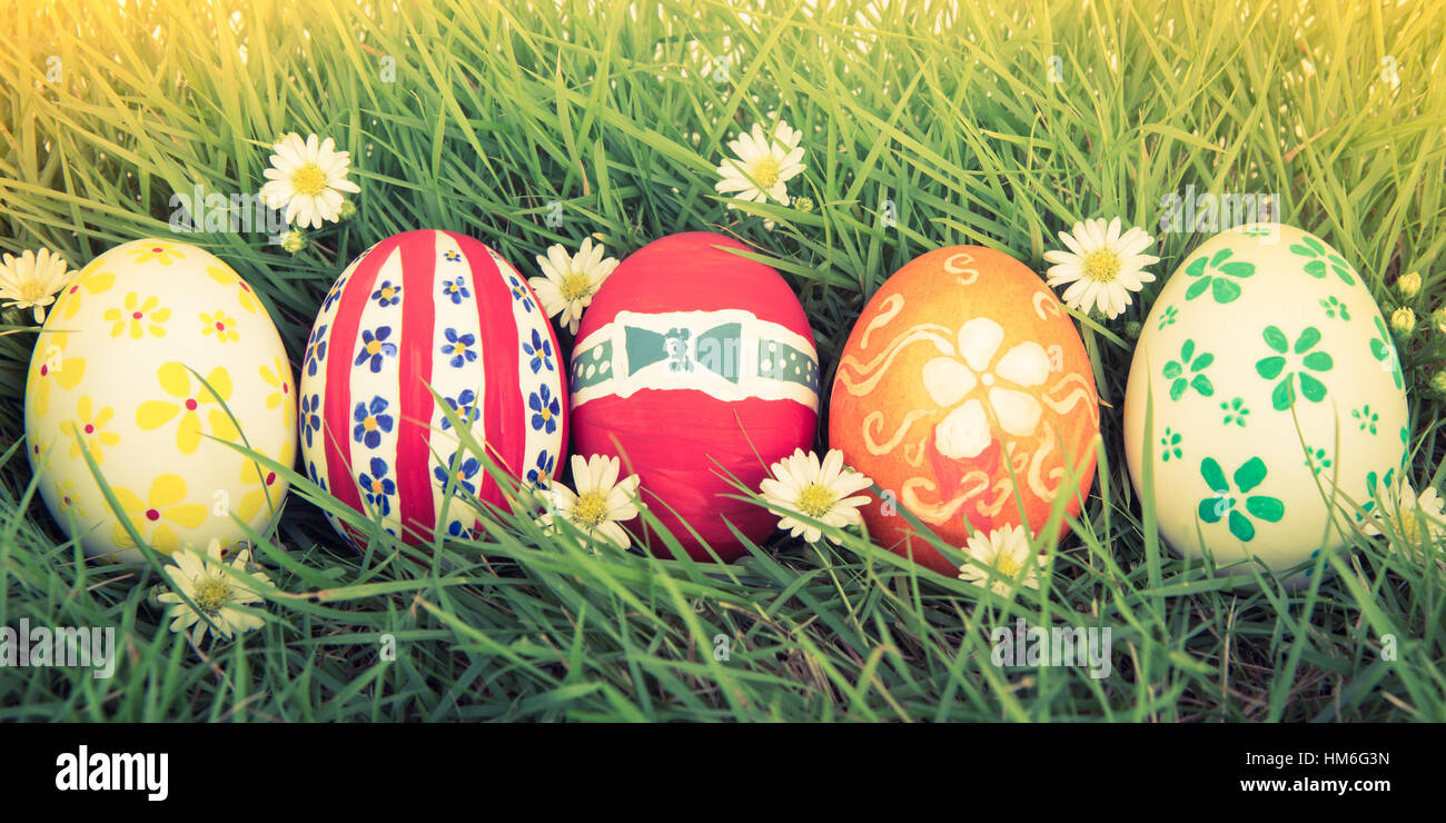 Easter Eggs with flower on Fresh Green Grass ( Filtered image processed ...