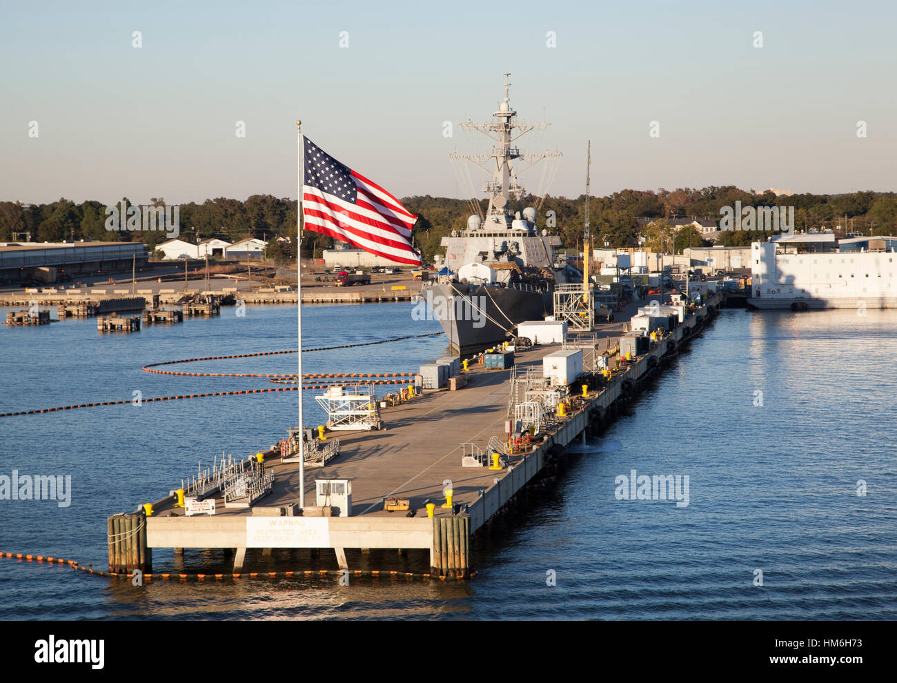 The view of navy base outside Norfolk town in a sunset light (West Virginia). Stock Photo