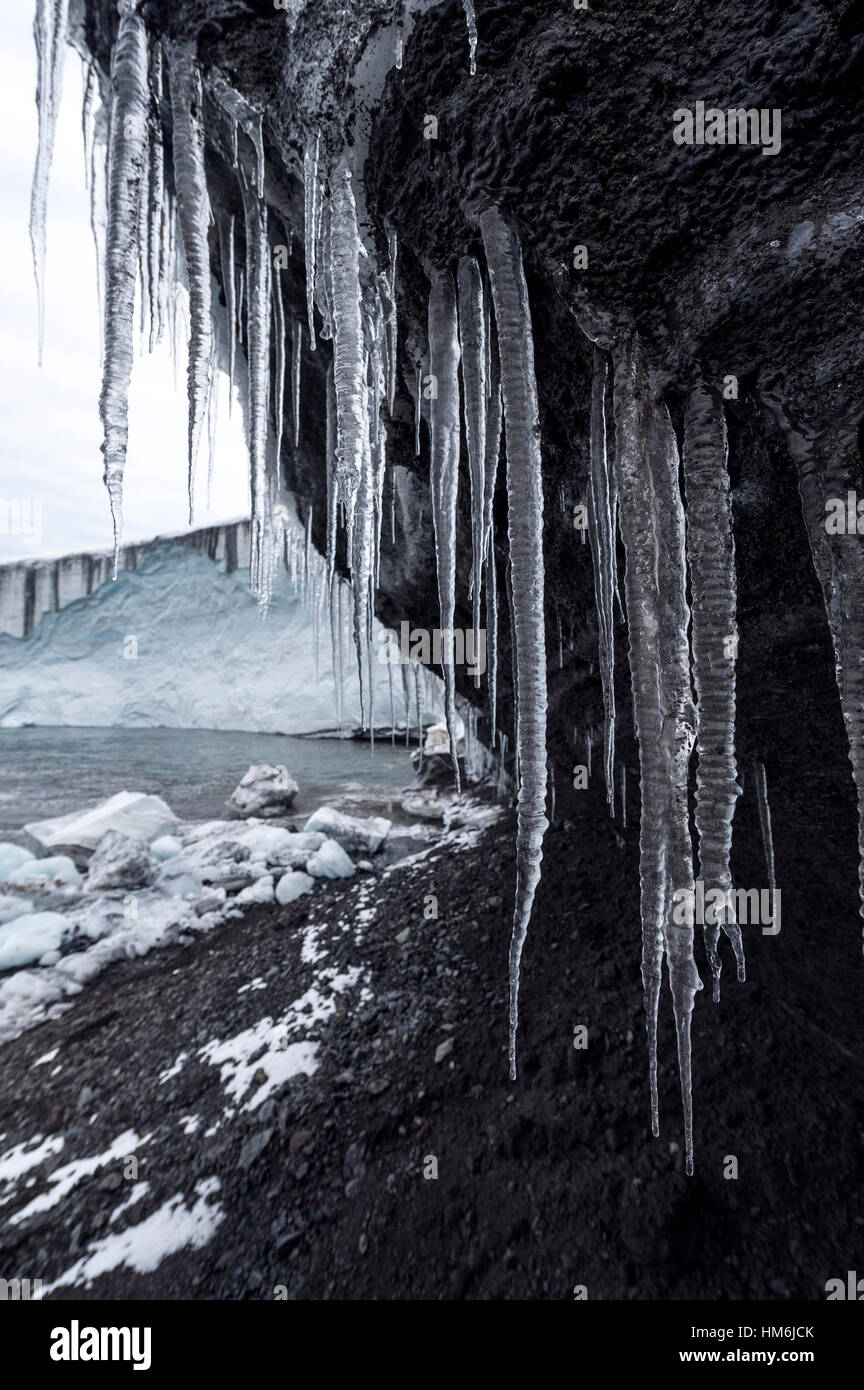 Icicles hang from the tip of a glacier in Antarctica. Stock Photo