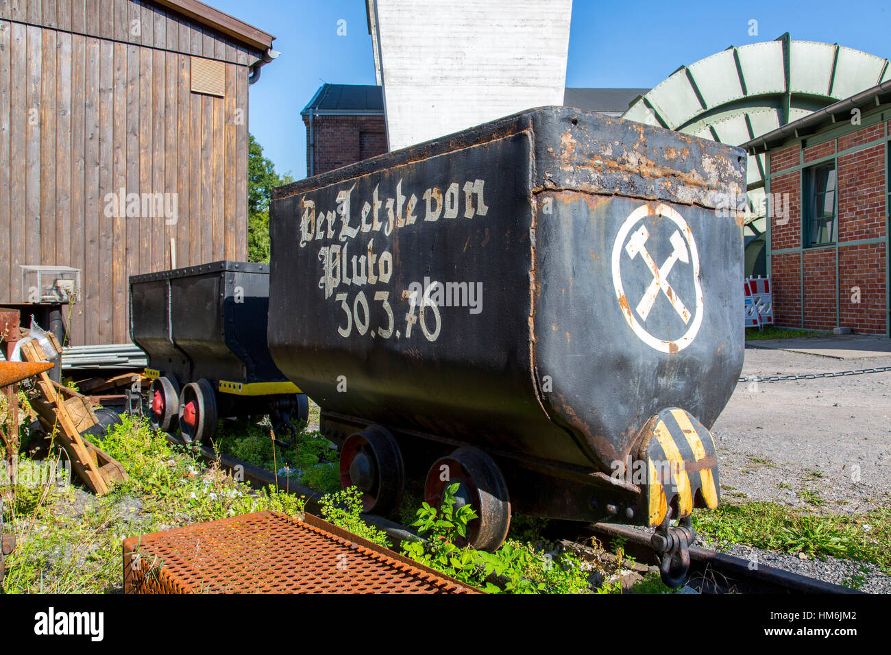 Coal lorry, used in coal mining, for carrying coal and rocks to the surface, today a historic memory, souvenir, after the coal mines were closed,  in  Stock Photo