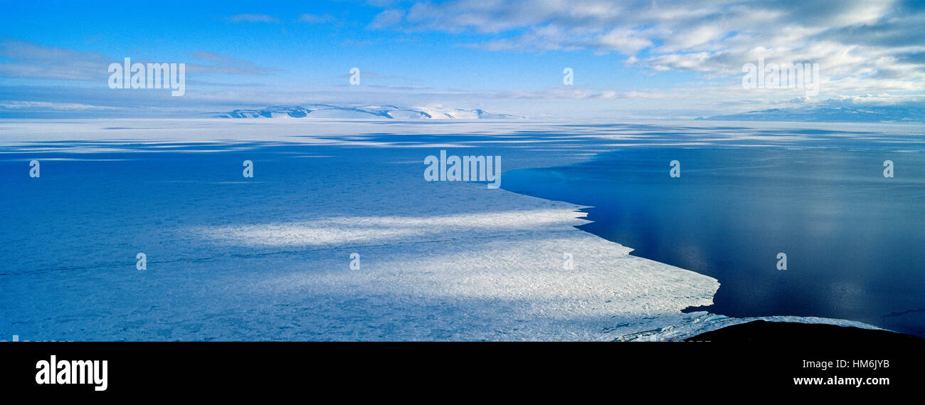 The melting edge of sea ice where it meets the open ocean during the Antarctic summer. Stock Photo