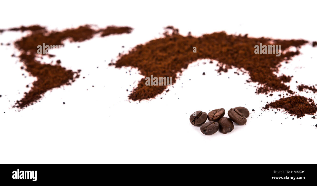 World map made of coffee on white background Stock Photo