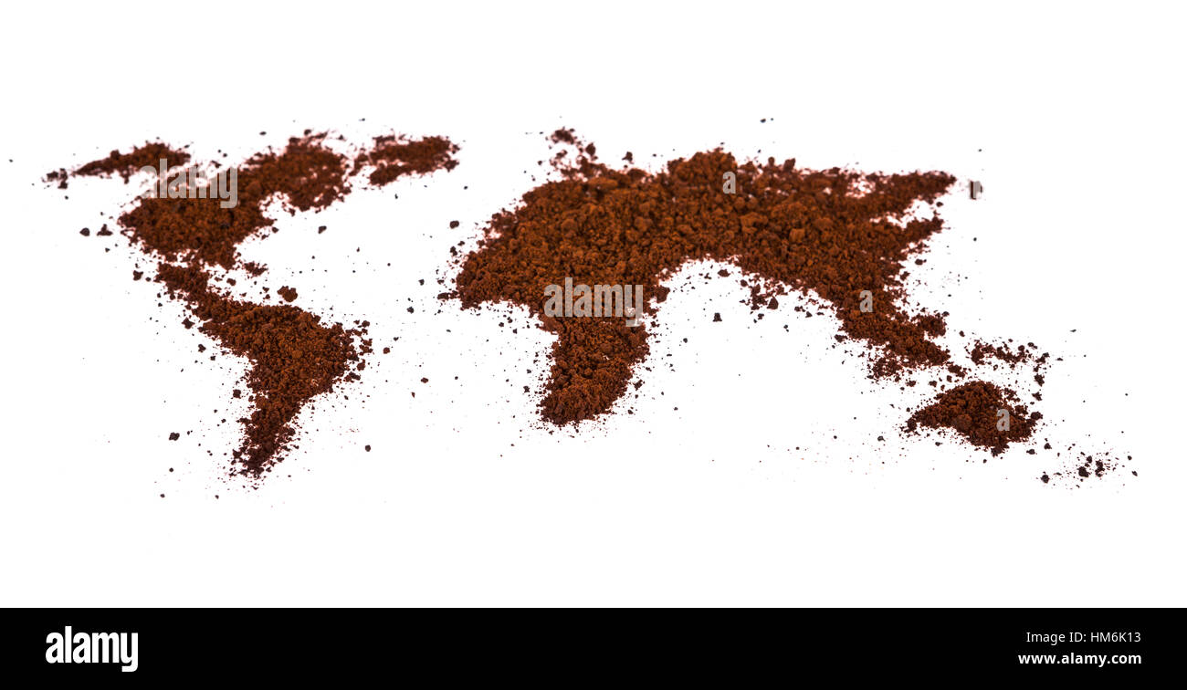 World map made of coffee on white background Stock Photo