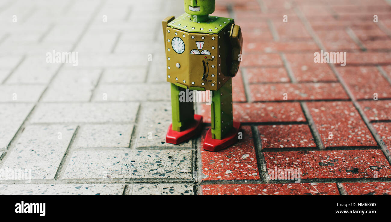 Robot Toy Imagination Retro Styled Tiled Floor Concept Stock Photo