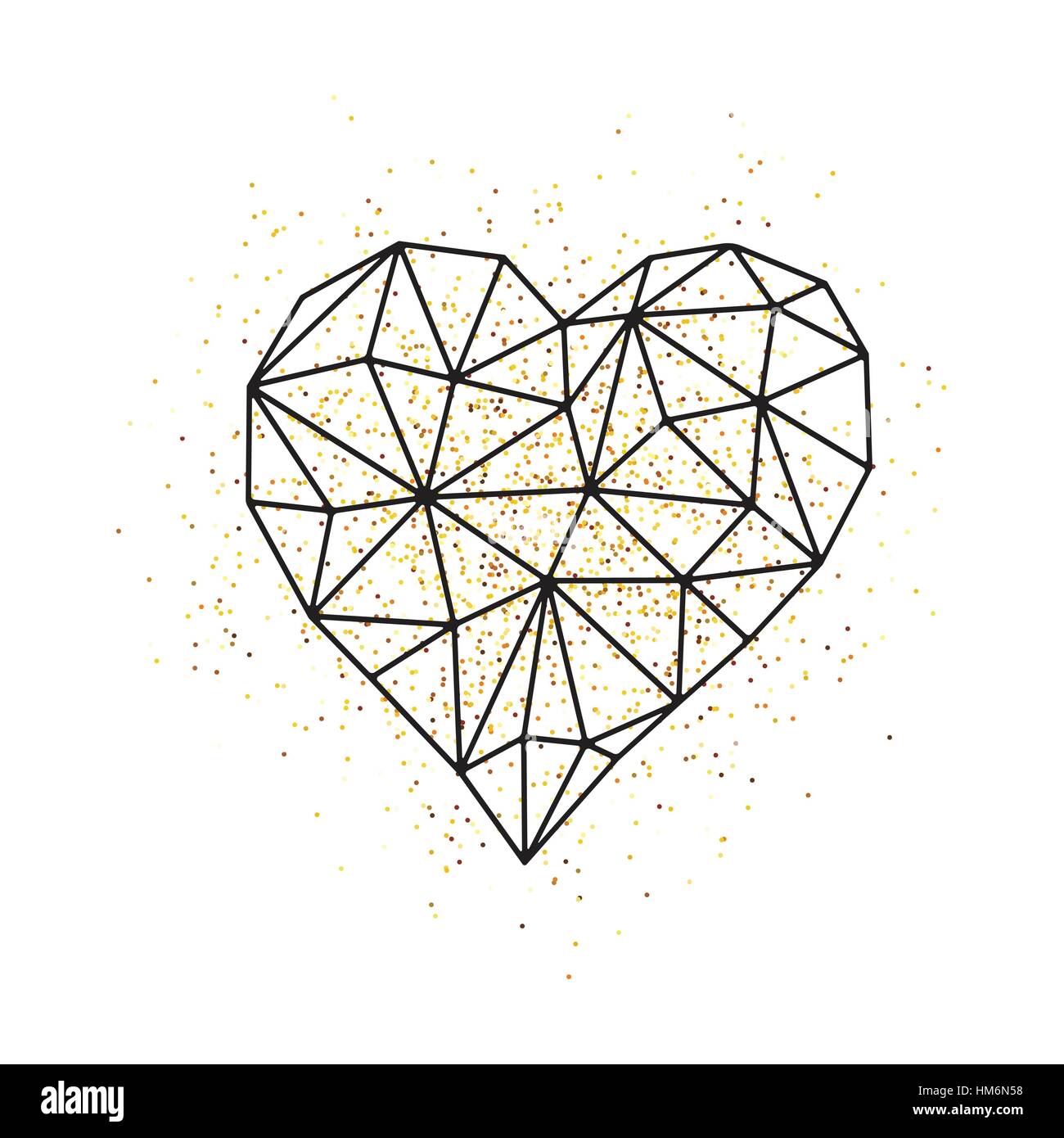 Happy valentines day love greeting card with white low poly style heart shape in golden glitter background. Vector illustration Stock Vector