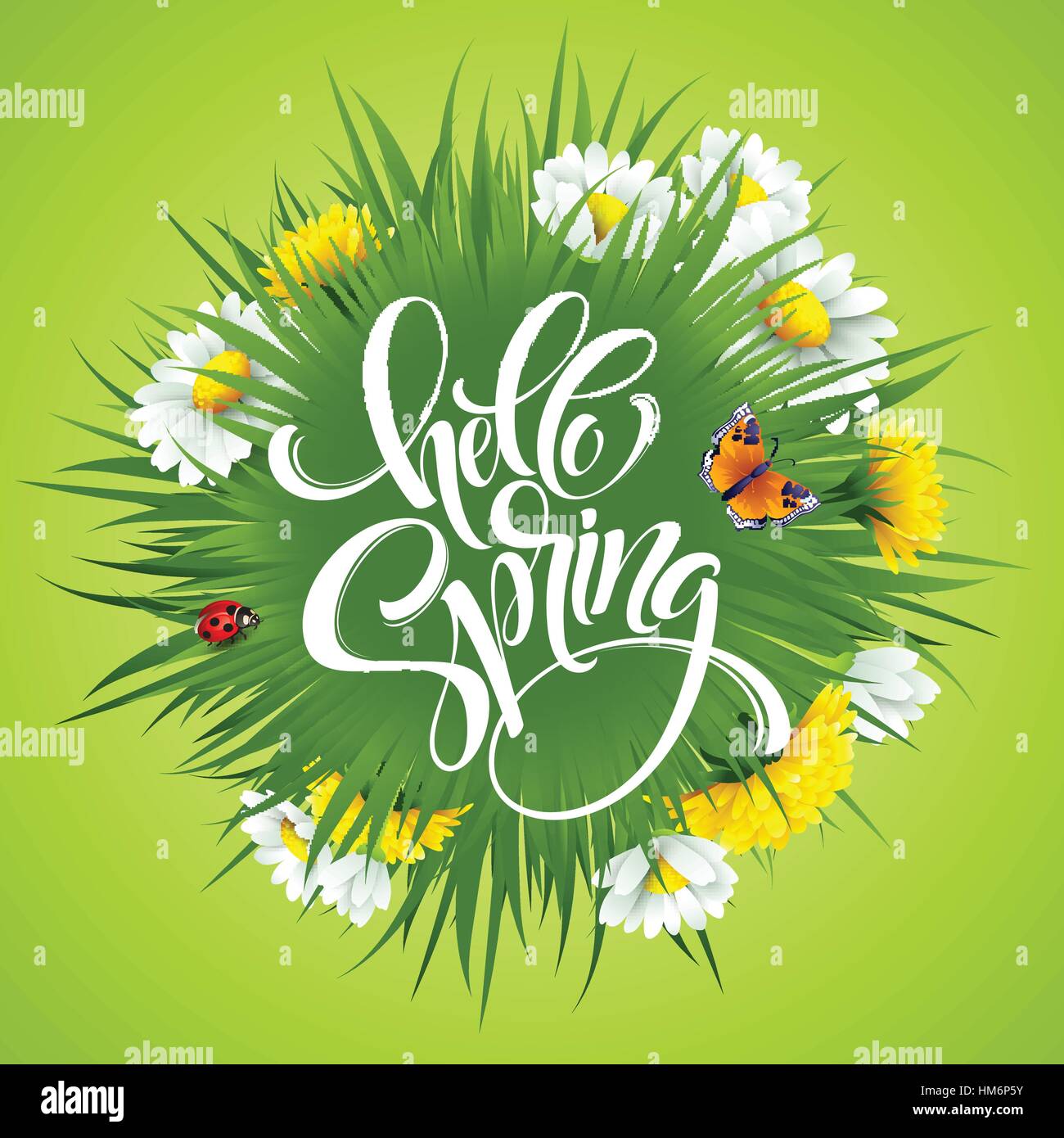 Inscription Hello Spring Hand Lettering on background with flowers ...