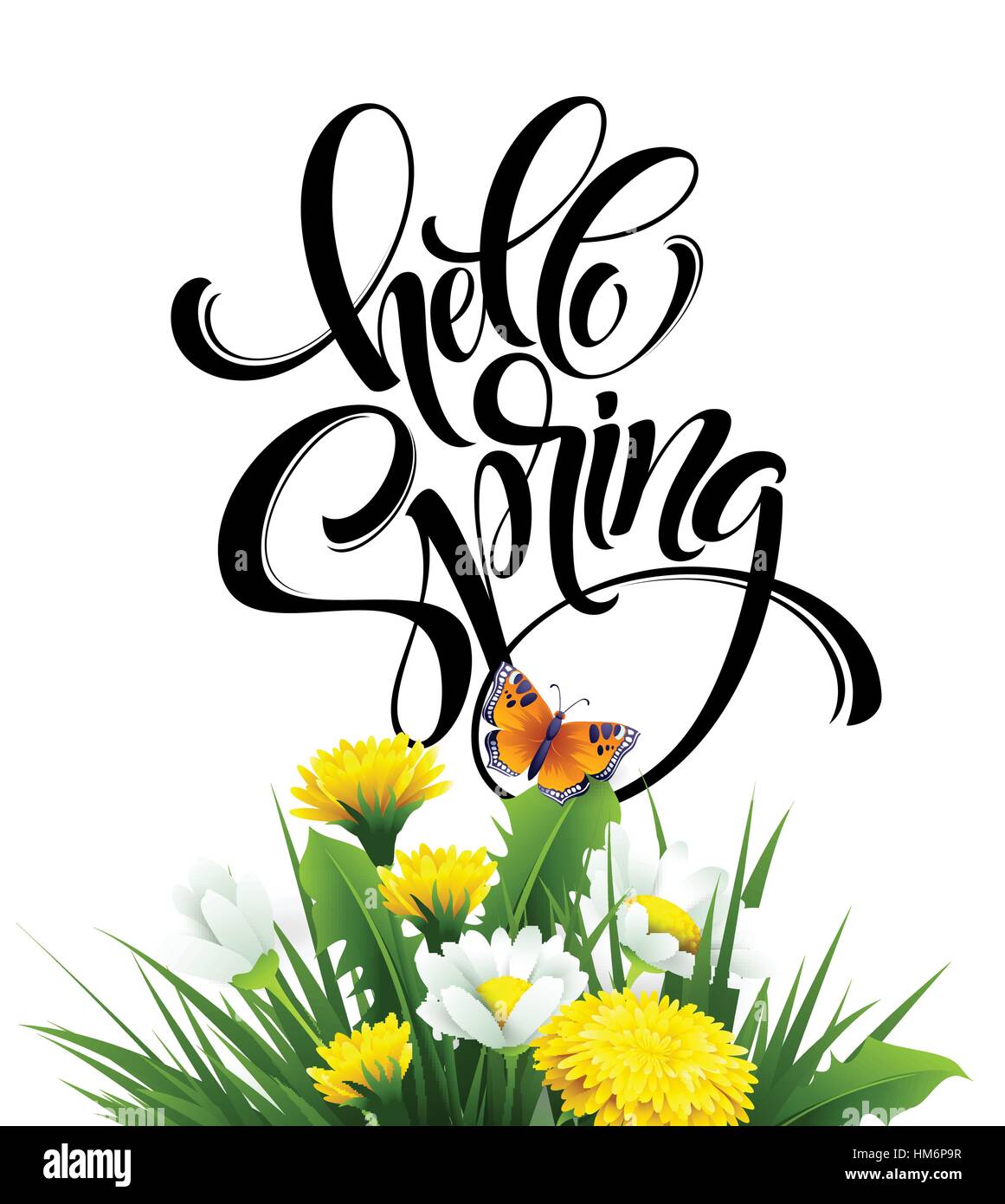 Inscription Hello Spring Hand Lettering on background with flowers ...