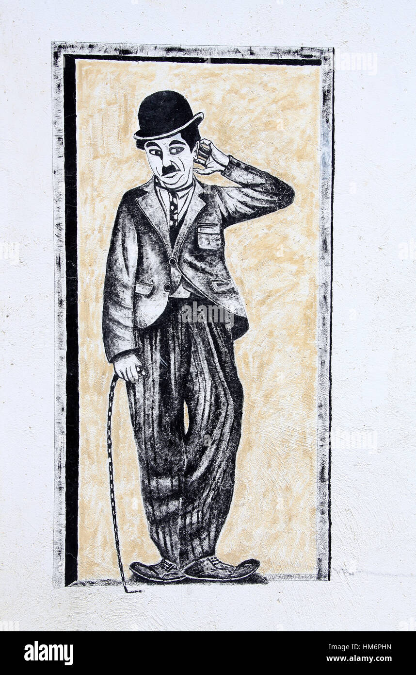 Image of Charlie Chaplin painted on the outside wall at the Bay Hotel in Luderitz Stock Photo
