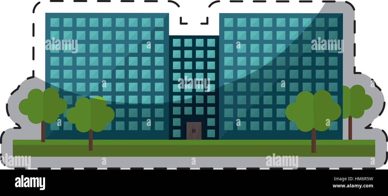colorful city office building with trees image, vector illustration