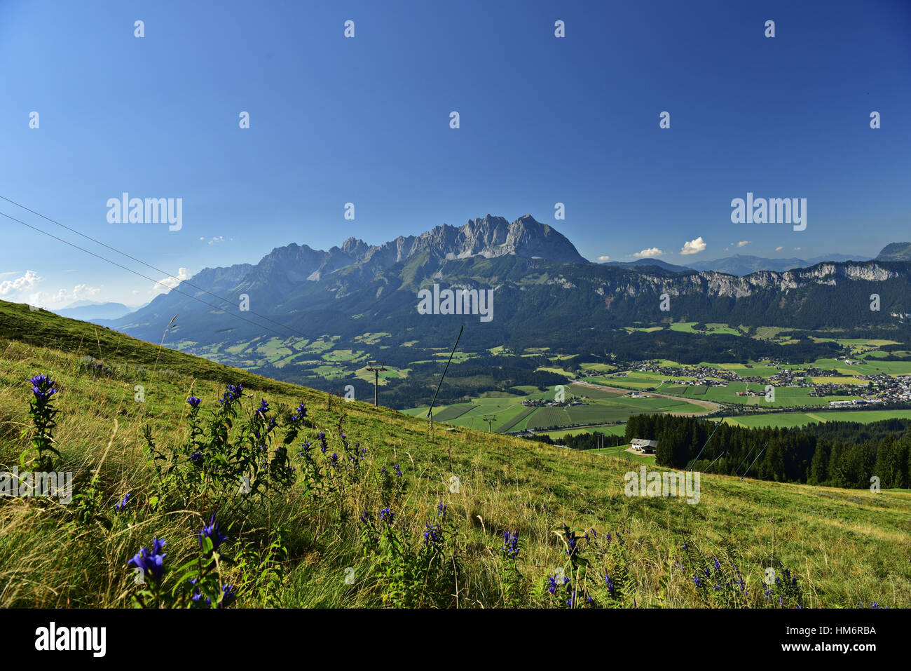 Ski slope with Wilden Kaiser in the background Stock Photo