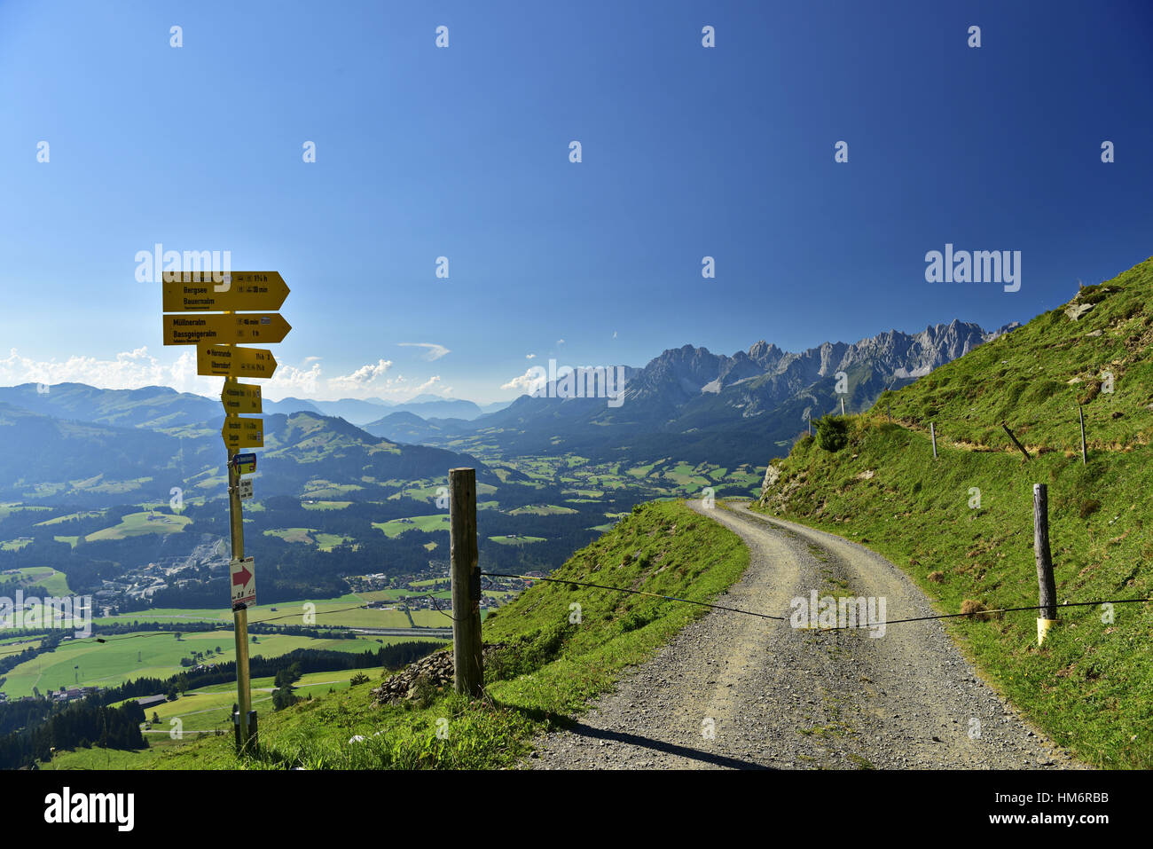 signpost Back to St. Johann in front of of the Wilder Kaiser Stock Photo