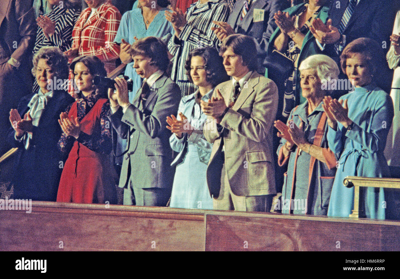 Members of United States President Jimmy Carter's family applaud from the gallery of the House of Representatives as he presents his National Energy Plan to a joint session of the US Congress in the US Capitol in Washington, DC on April 20, 1977. From lef Stock Photo
