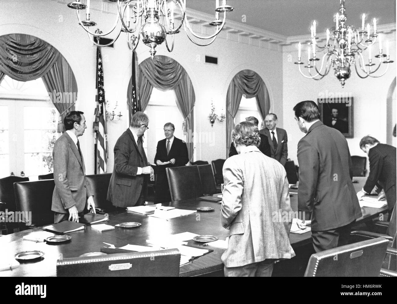 United States President Jimmy Carter arrives in the Cabinet Room from Camp David, the Presidential retreat near Thurmont, Maryland, to meet with his National Security Council concerning the crisis in Iran and the Soviet invasion of Afghanistan at the Whit Stock Photo