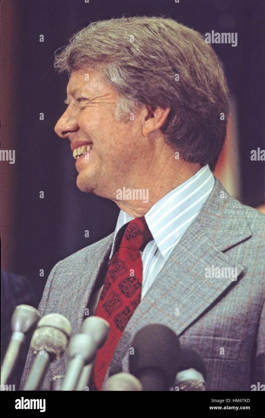 Governor Jimmy Carter (Democrat of Georgia), a candidate for the 1976 Democratic nomination for President of the United States, speaks before US House members and employees in the Rayburn House Office Building in Washington, DC on May 15, 1976. Stock Photo