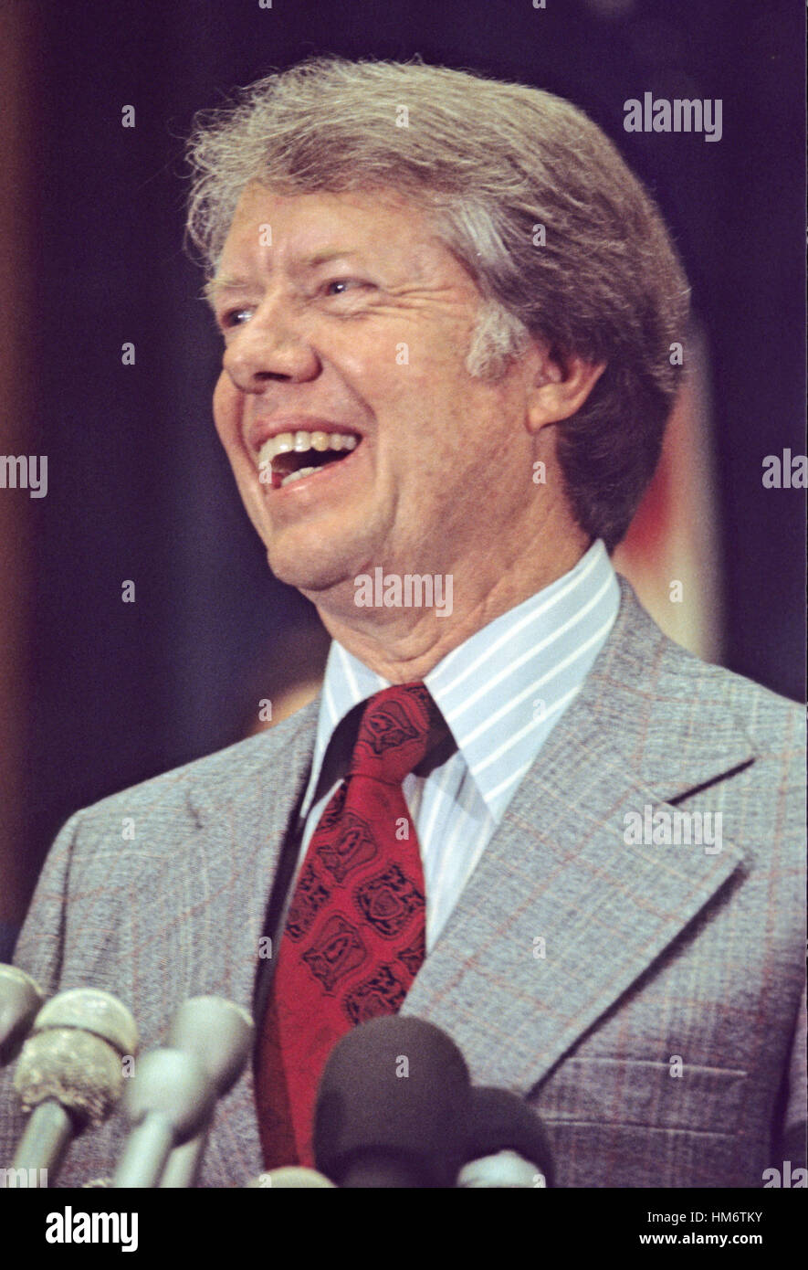 Governor Jimmy Carter (Democrat of Georgia), a candidate for the 1976 Democratic nomination for President of the United States, speaks before US House members and employees in the Rayburn House Office Building in Washington, DC on May 15, 1976. Stock Photo
