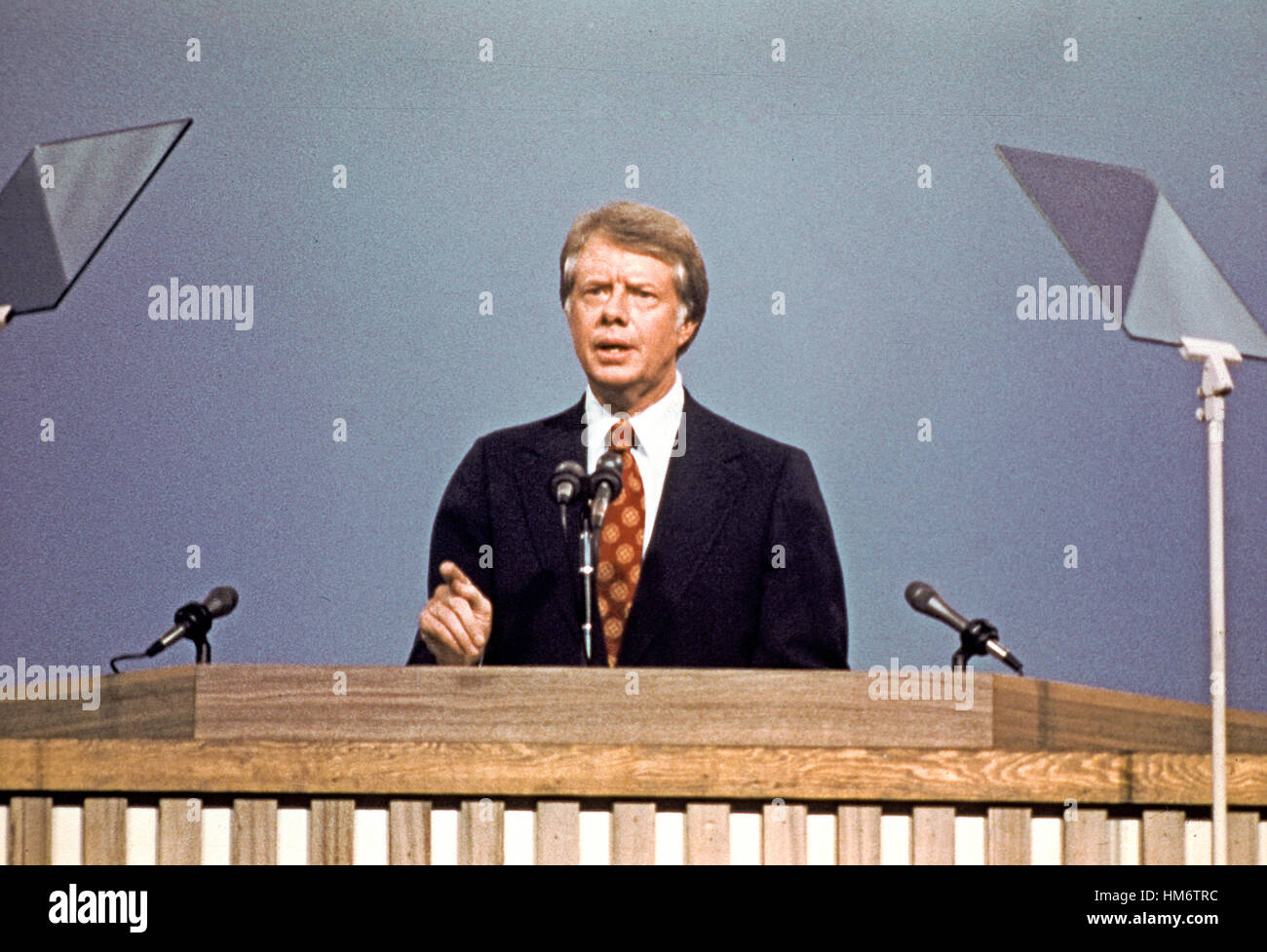 Governor Jimmy Carter (Democrat of Georgia), the 1976 Democratic Party nominee for President of the United States, delivers his acceptance speech at the 1976 Democratic Convention at Madison Square Garden, New York, New York on July 15, 1976. Stock Photo