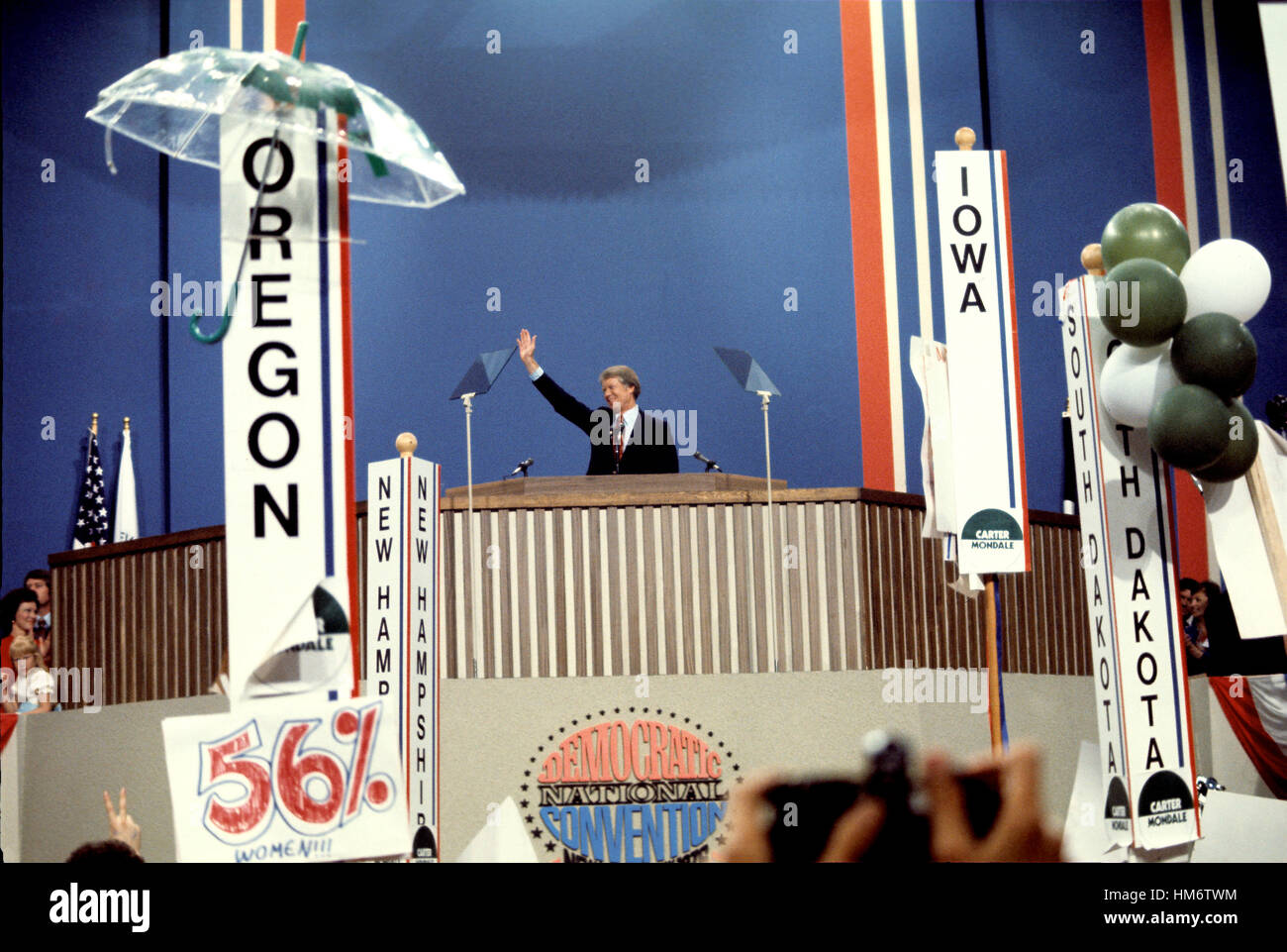 Governor Jimmy Carter (Democrat of Georgia), the 1976 Democratic Party nominee for President of the United States, acknowledges the cheers of the delegates as he delivers his acceptance speech at the 1976 Democratic Convention at Madison Square Garden, Ne Stock Photo