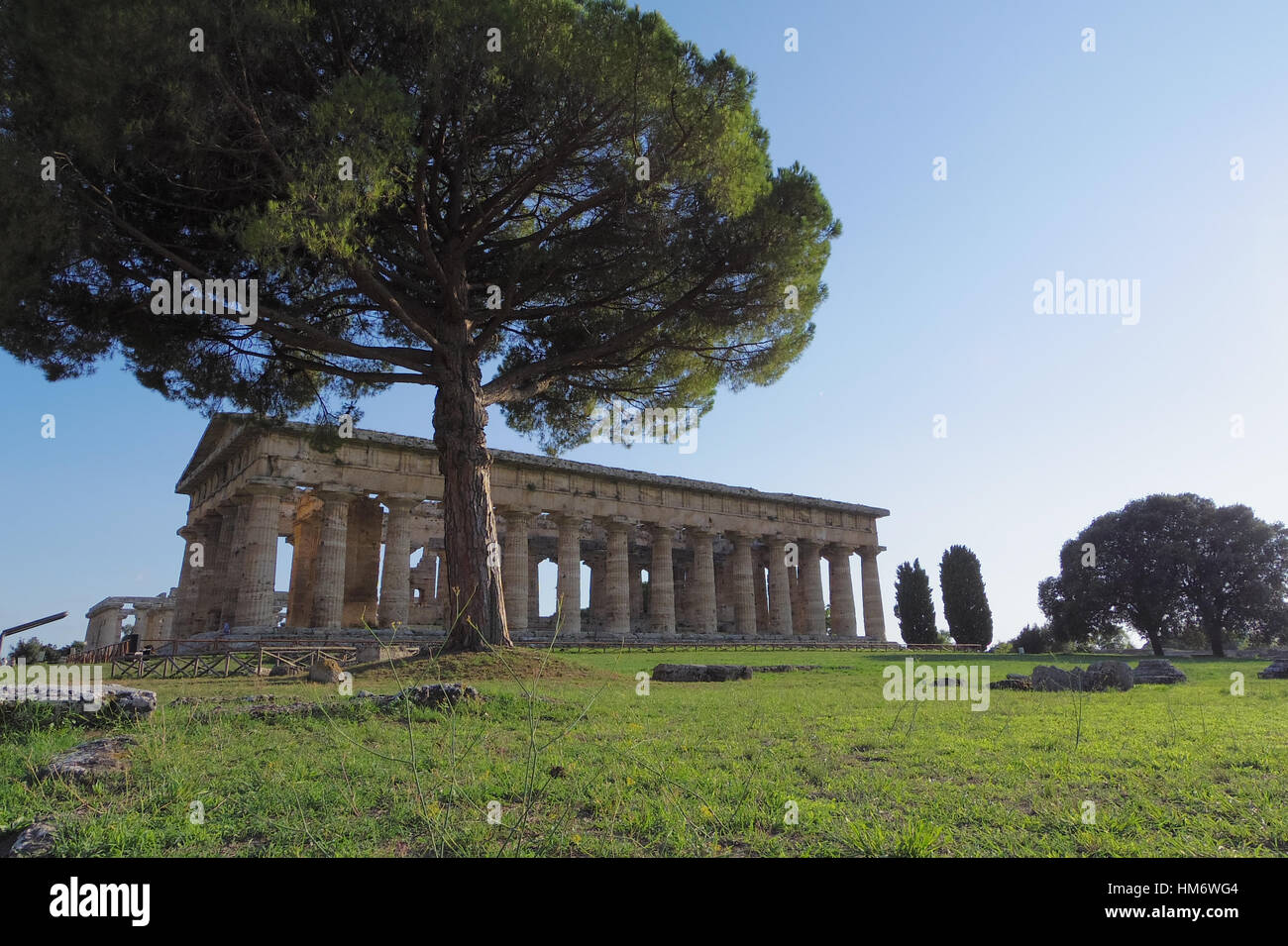 PAESTUM,IT - CIRCA AUGUST, 2015 - Ancient greek temple in Paestum, Italy. Southern Italy was one of the main colonies of ancient Greece. Stock Photo