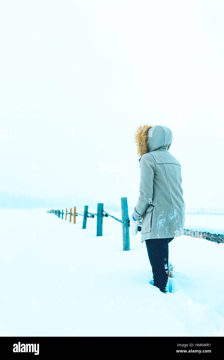 Rear view of woman standing by railing on snow covered field Stock ...