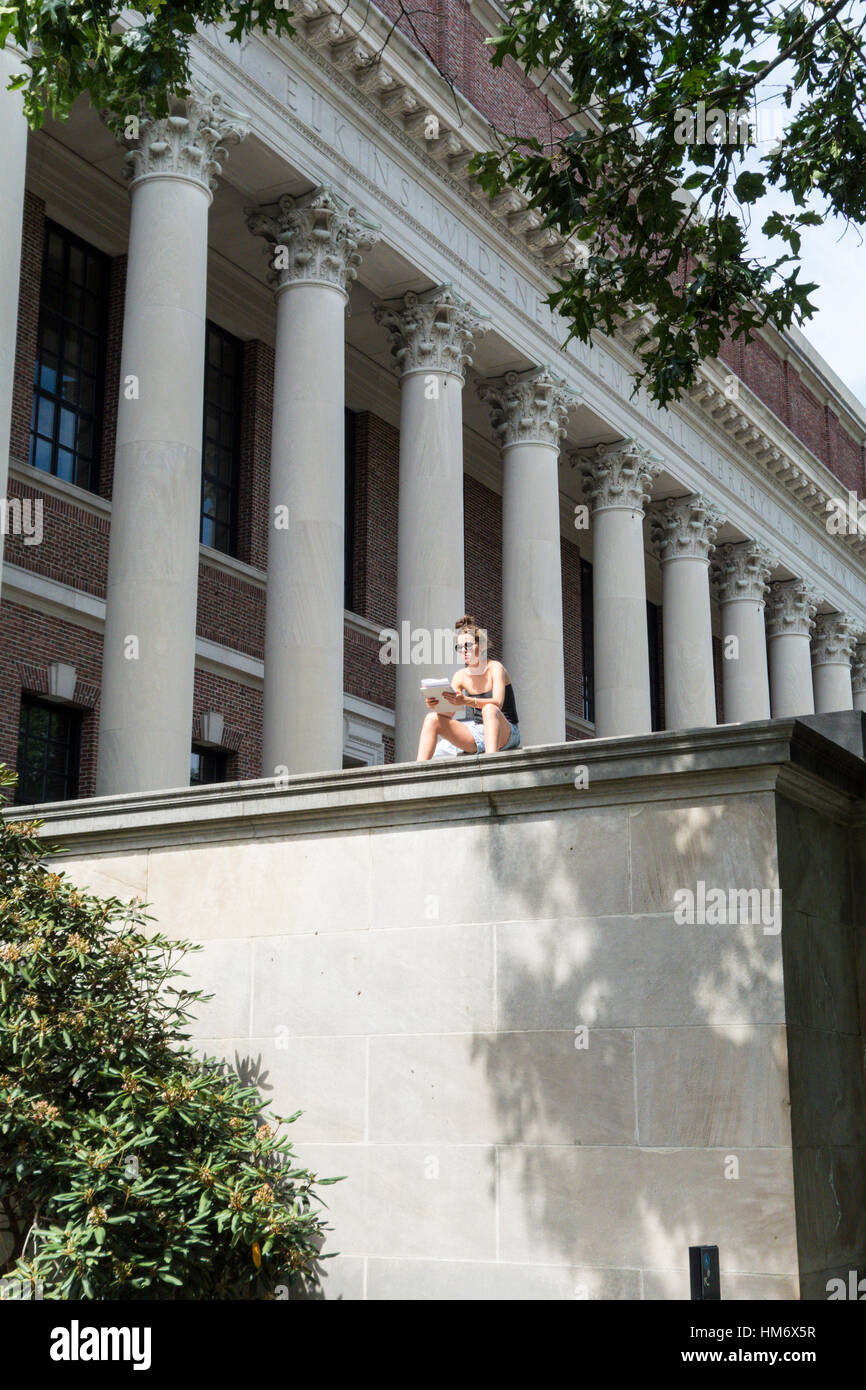 A female student sits in the sunshine studying with huge columns of one of the academic buildings at Harvard University looming in the background. Stock Photo