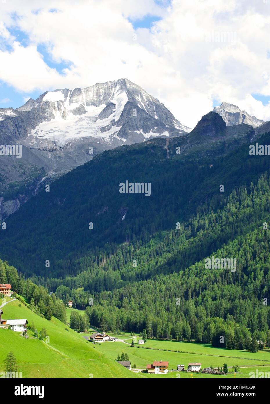 View of Mount Colllalto (Hochgall) from Rein in Taufers (Riva di Tures). Stock Photo